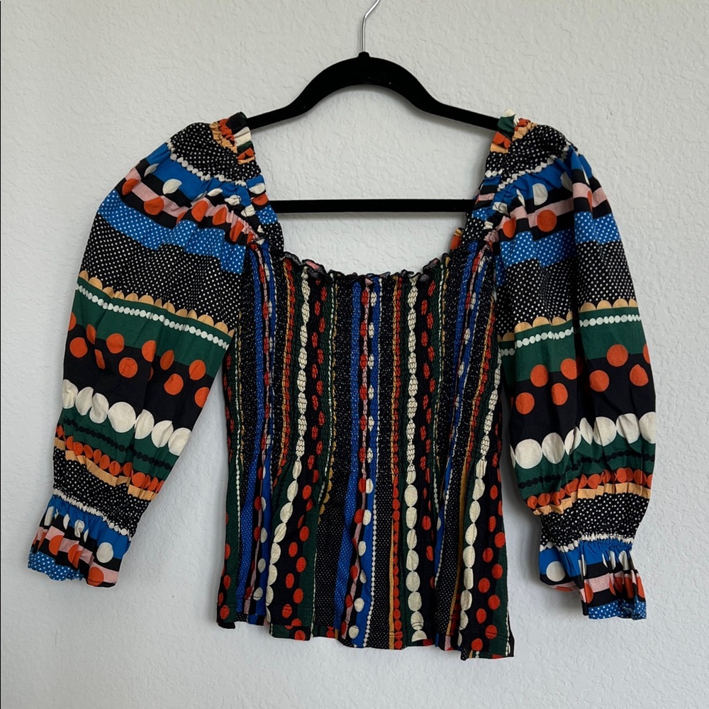 Anthropologie Conditions Apply Puff Sleeve Patterned Top